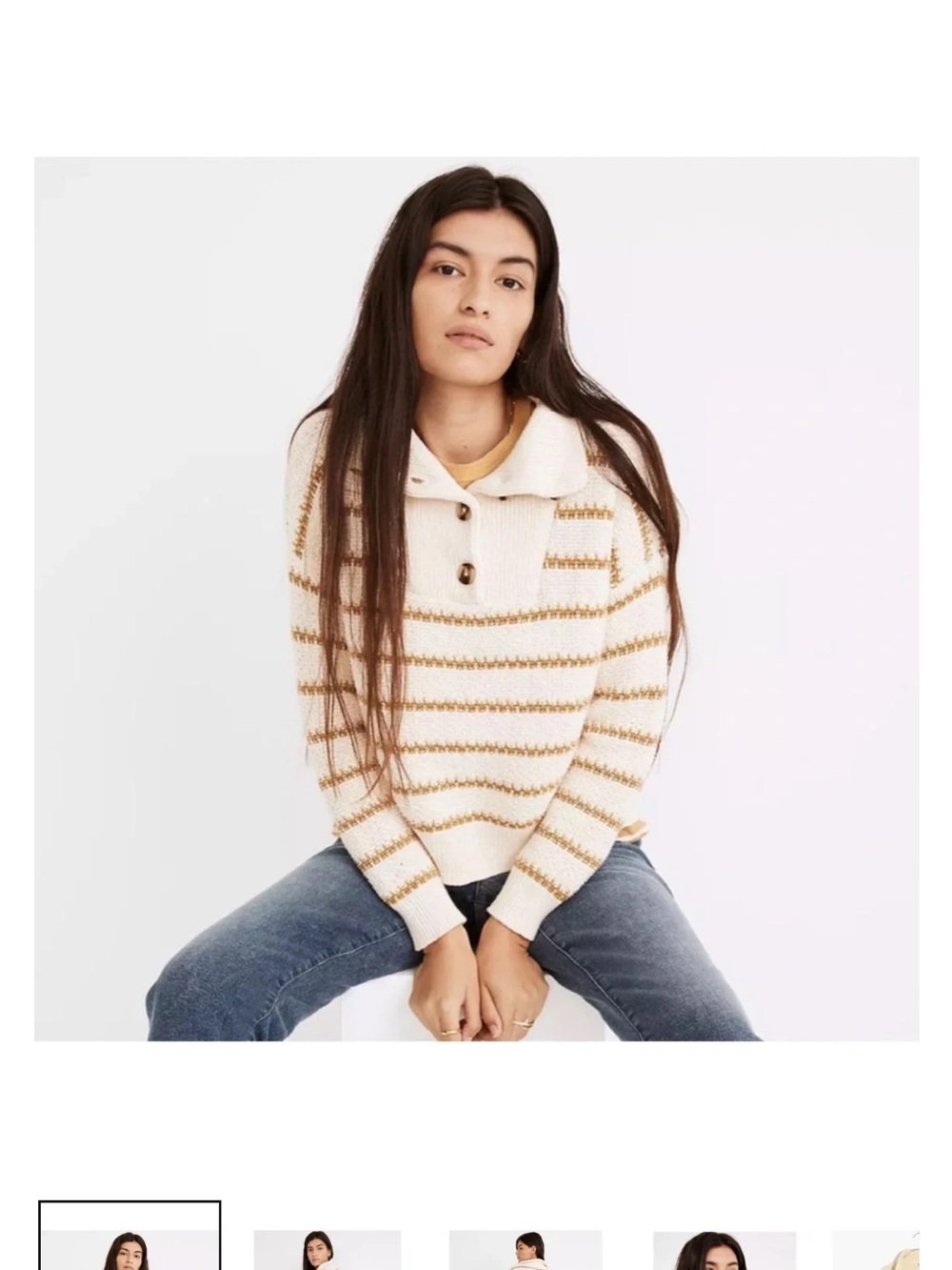 Madewell Cream and Tan Striped Button-Neck Sweater